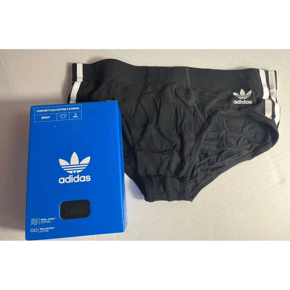 Adidas 3 Pack Comfort Flex Cotton 3 Stripes Briefs Black Size Medium 32-34